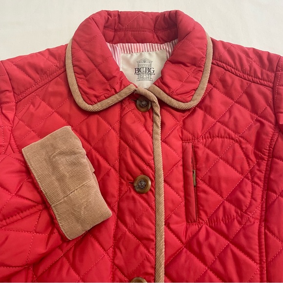 BCBG Jackets & Blazers - BCBG Quilted Barn Jacket Red Tan Corduroy Cuffs Button Closure Women’s X-Small